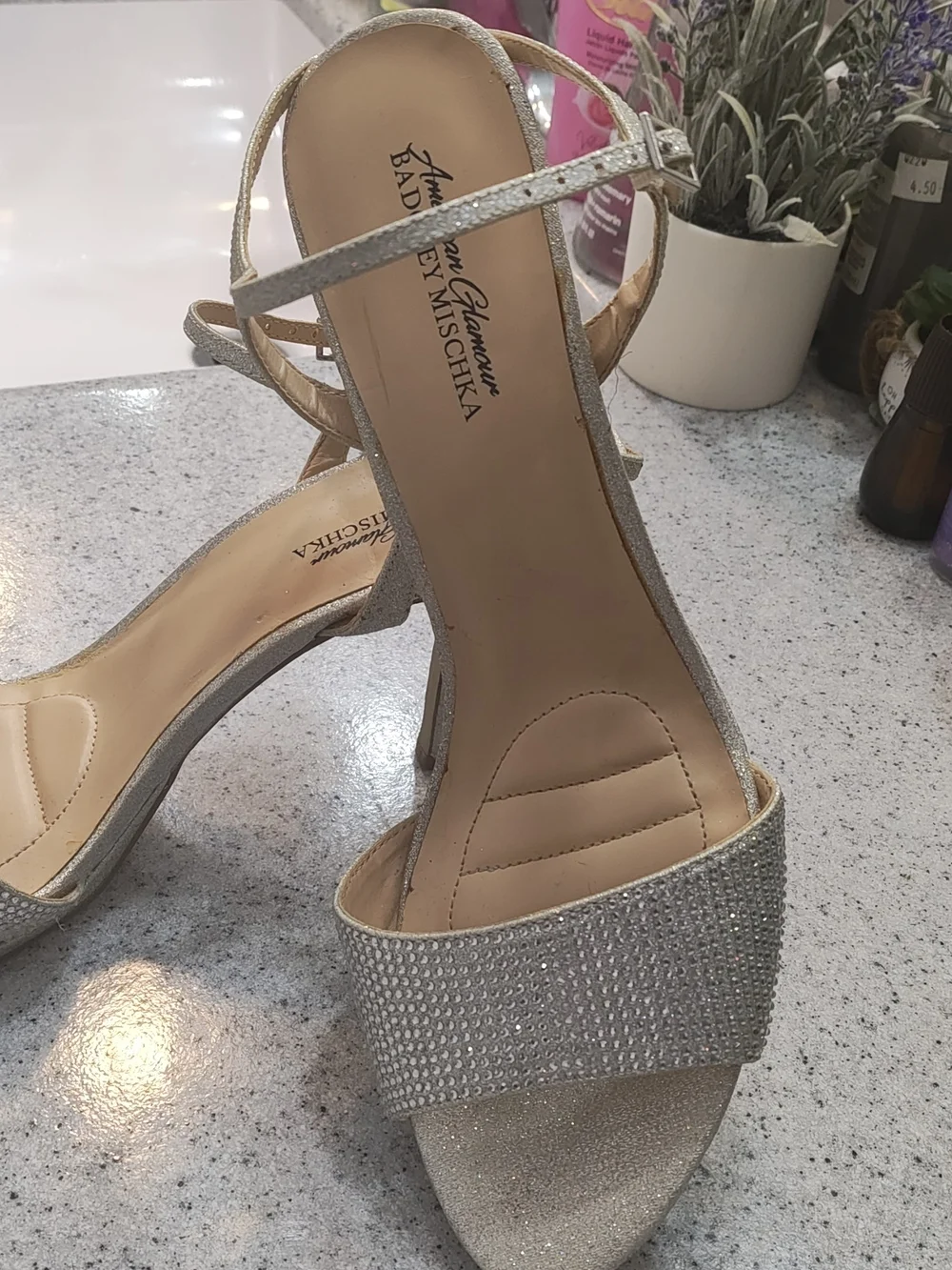 Badgley Mischka Silver Crystal Strap Open-Toe Heels
